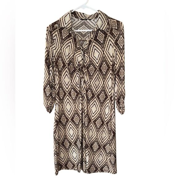 Women's Retro Midi V Neck Button Collar Dress - Brown/ Neutral Size Medium - Picture 1 of 5